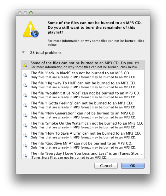 Error dialog in iTunes with a list of filenames. Each one says "Only files that are already in MP3 format can be burned to an MP3 CD.