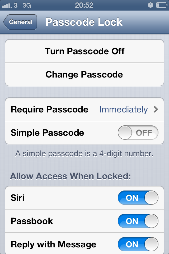 iPhone Passcode Lock settings with Simple Passcode turned off.