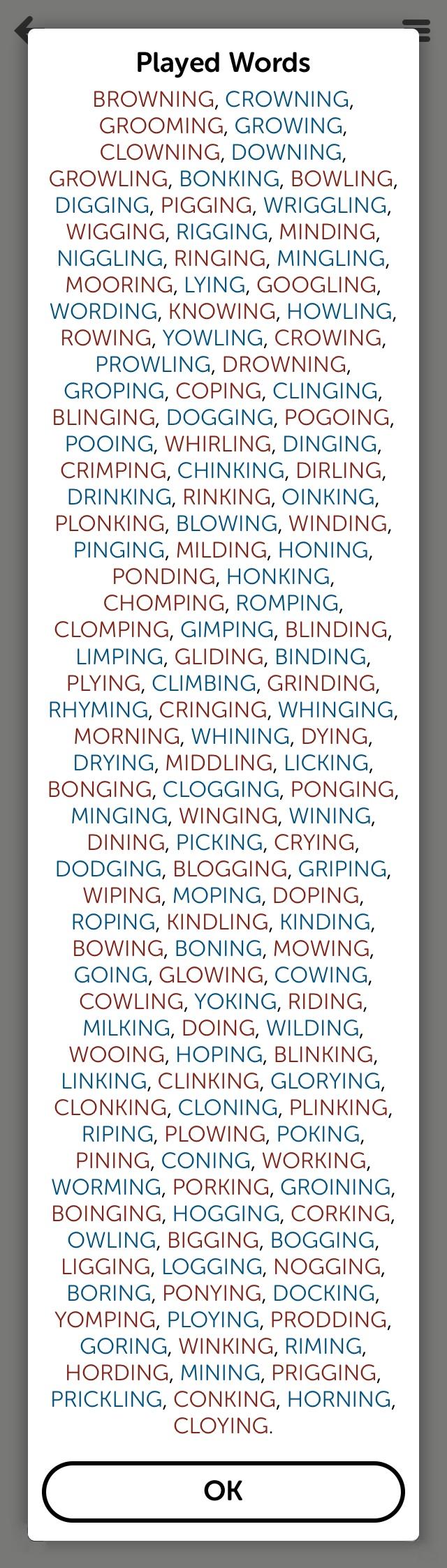 A screenshot of the "words played" dialog at the end of a game of Letterpress. There are about 150 different words in the list, and they all end with "ing".