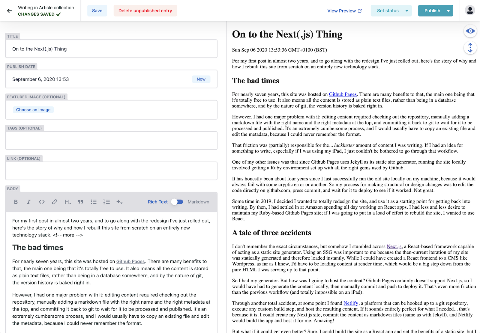 Screenshot of Netlify CMS with the text editor on the left and a plain back and white HTML preview on the right.