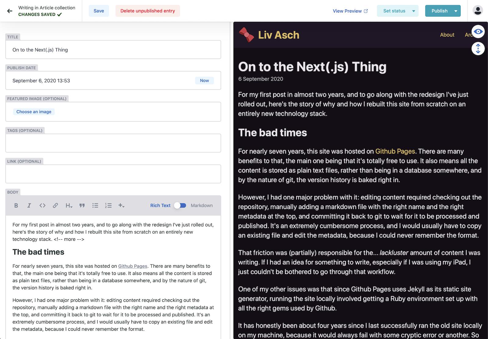 Screenshot of Netlify CMS with the text editor on the left and a fully styled preview on the right that matches this website's style.