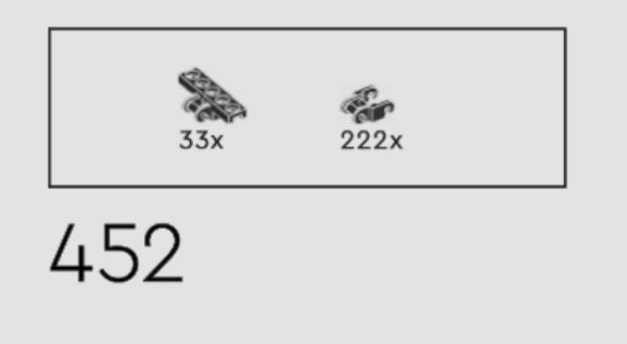 A screenshot from lego instructions showing that the next step requires 33 of one type of piece and 222 of another type.