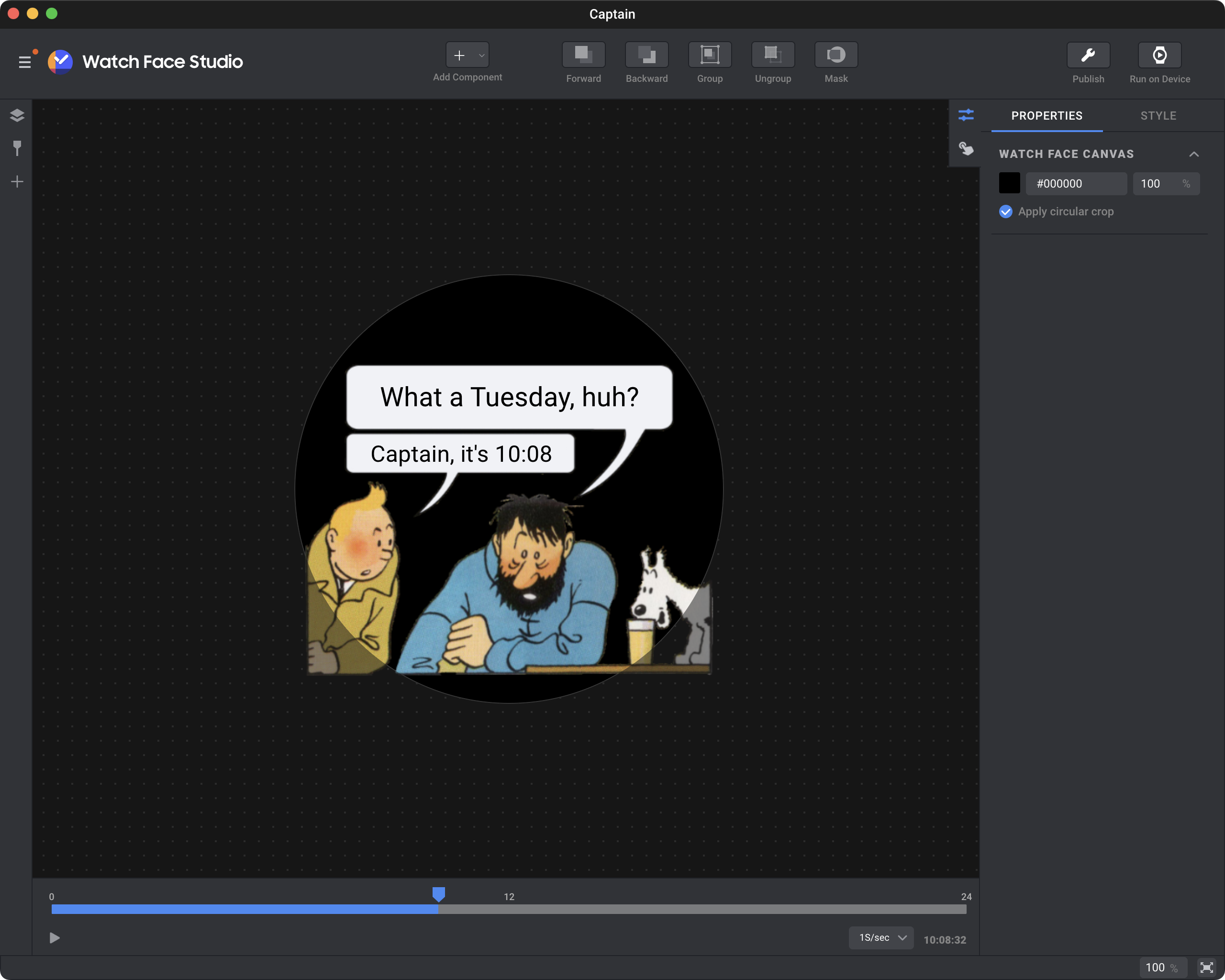 Another screenshot of Watch Face Studio where the speech bubbles have been filled in. Captain Haddock is saying "What a Tuesday, huh?" and Tintin is replying "Captain, it's 10:08".